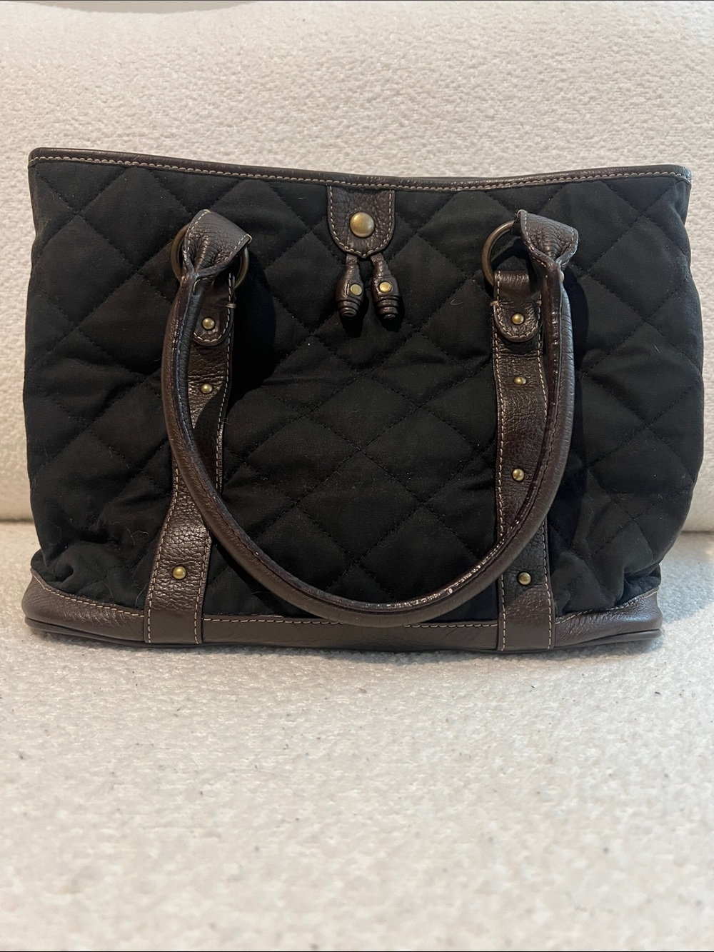 J. Crew Quilted Black Tote with Brown Leather Trim